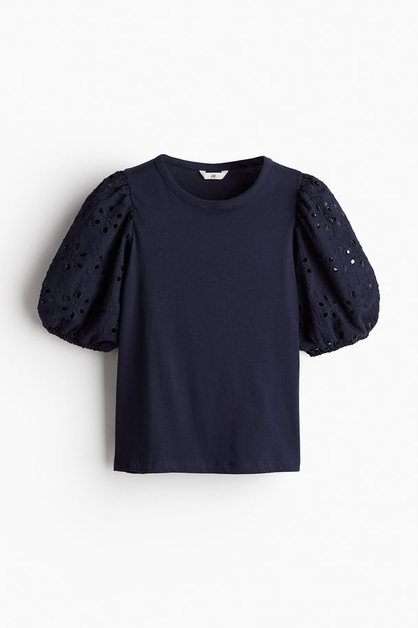 H&M Top Met Broderie Anglaise Marineblauw