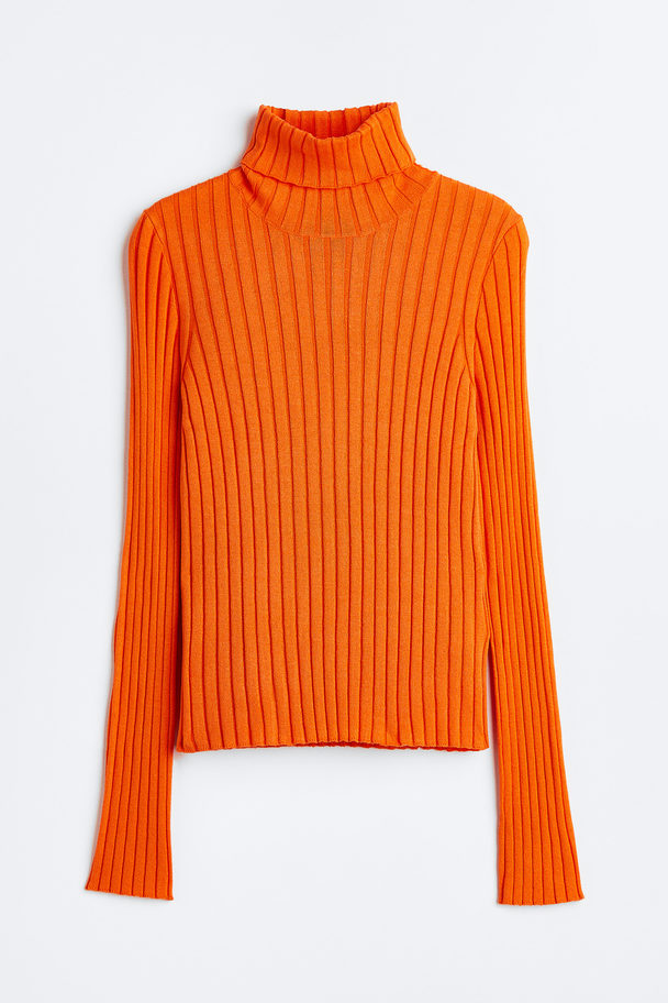 H&M Rib-knit Polo-neck Top Orange