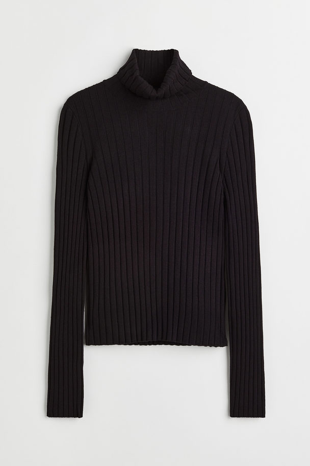 H&M Rib-knit Polo-neck Top Black