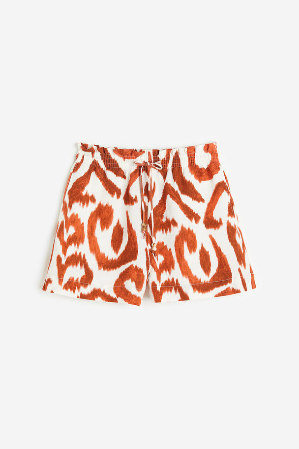 H&M Paperbag-Shorts aus Leinenmix Cremefarben/Braun gemustert