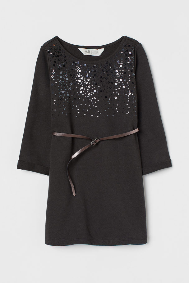 H&M Belted Sweatshirt Dress Dark Grey/sequins