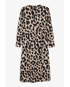 Long Wrap Dress Beige Leopard Print