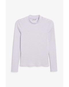 Striped Long-sleeved Low Turtleneck Top White And Purple Stripes