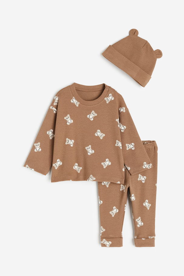H&M 3-piece Ribbed Jersey Set Brown/teddy Bears