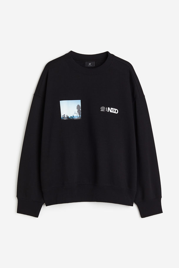 H&M Sweatshirt Med Tryk Oversized Fit Sort/strand
