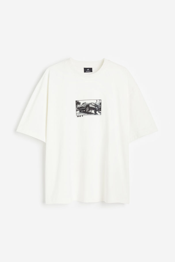 H&M T-shirt Med Tryk Oversized Fit Hvid/bil