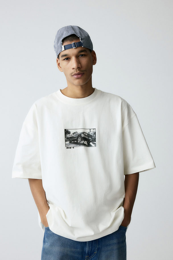 H&M T-shirt Med Tryk Oversized Fit Hvid/bil