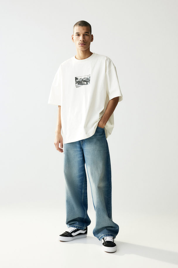 H&M T-shirt Met Print - Oversized Fit Wit/auto