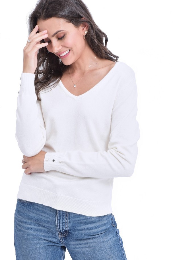 C&Jo V-neck Sweater With Silver Buttons On Sleeves