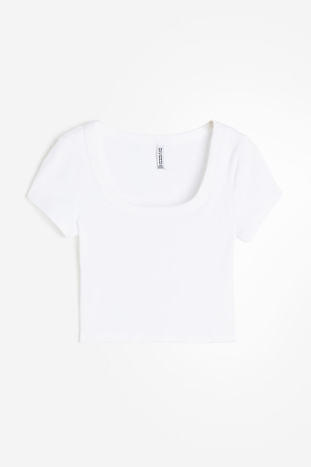 H&M Kort, Ribbestrikket T-shirt Hvit