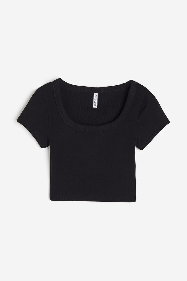 H&M Cropped Ribbet T-shirt Sort