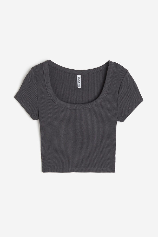 H&M Cropped Ribbet T-shirt Mørkegrå