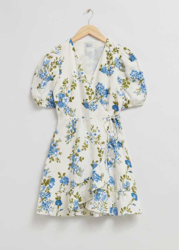 & Other Stories Linen Wrap Mini Dress White/blue Floral Print