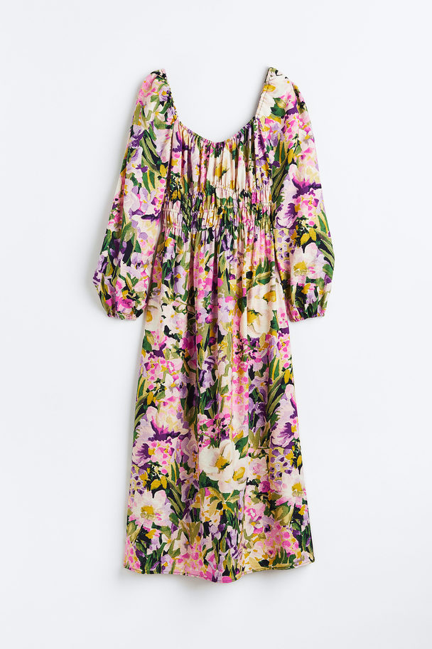 H&M Balloon-sleeved Smocked Dress Purple/floral