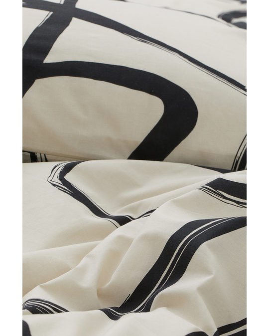 H&M HOME Cotton Duvet Cover Set Light Beige/black Patterned