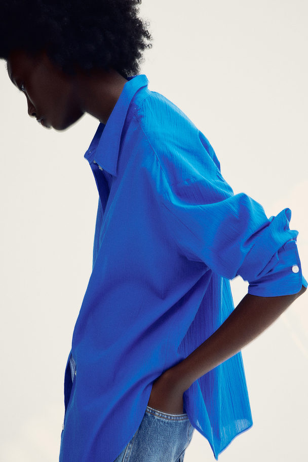 H&M Crinkled Cotton Shirt Bright Blue