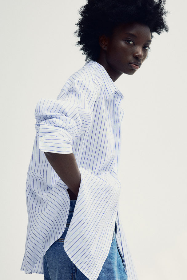 H&M Crinkled Cotton Shirt White/blue Striped