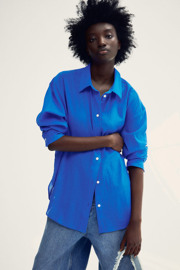 H&M Crinkled Cotton Shirt Bright Blue