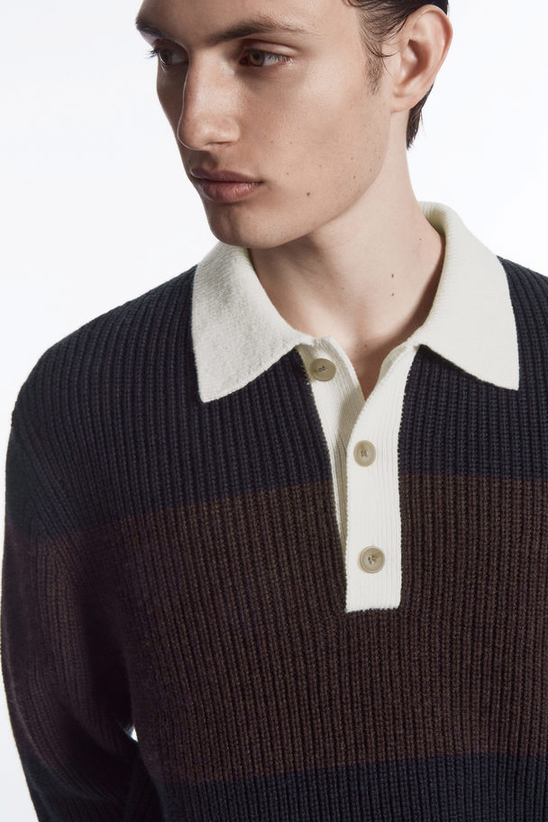 COS Wool-blend Rugby Polo Shirt Navy / Brown / Striped