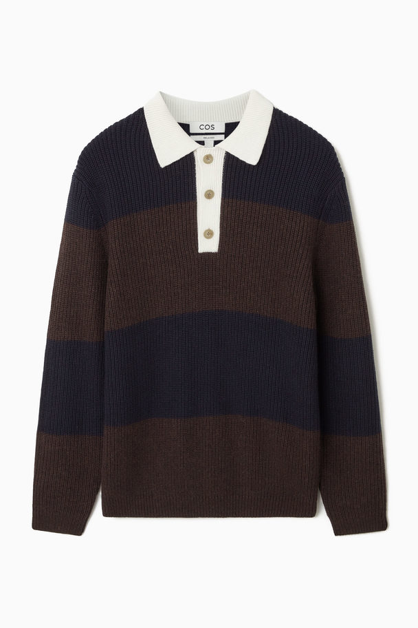 COS Wool-blend Rugby Polo Shirt Navy / Brown / Striped