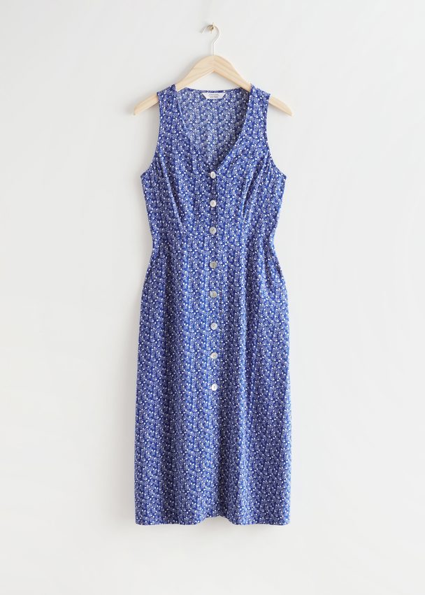 & Other Stories Sleeveless Button Up Midi Dress Blue Print