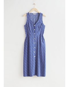 Sleeveless Button Up Midi Dress Blue Print