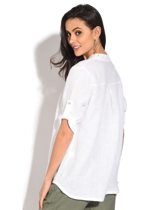 Le Jardin du Lin Buttoned Tunisian Collar Top With Front Pleats