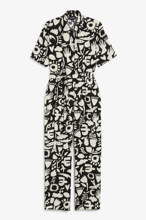 Monki Graphic Print Short Sleeved Jumpsuit Black And White Graphic Print