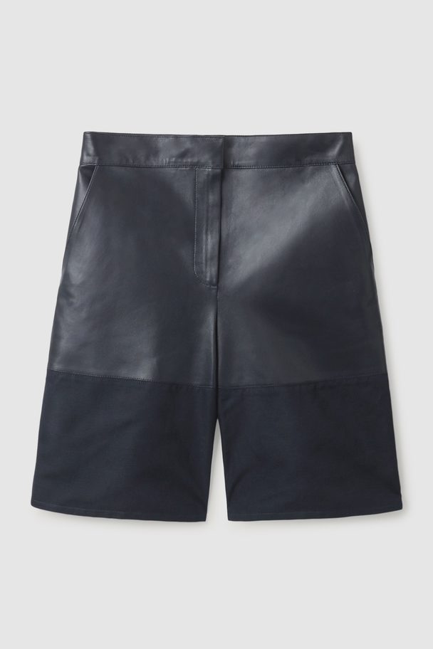 COS Leather Shorts With Woven Panel Dark Navy