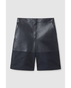 Leather Shorts With Woven Panel Dark Navy