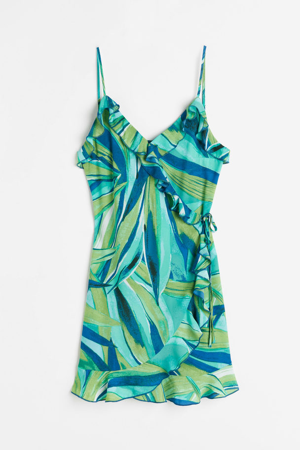 H&M Flounce-trimmed Wrap Dress Turquoise/patterned