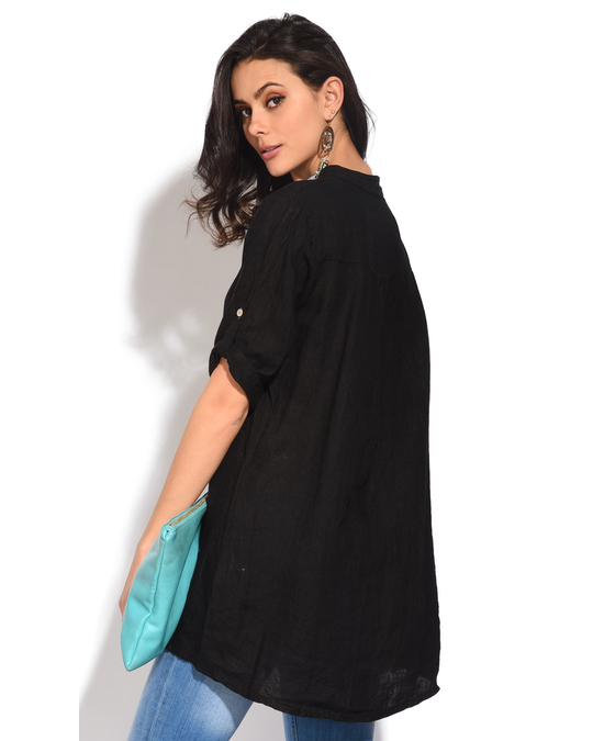 Le Jardin du Lin Buttoned Tunisian Collar Blouse With Long Attachable Sleeves