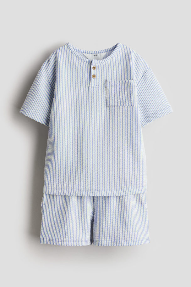H&M Henley Top And Shorts Light Blue/striped