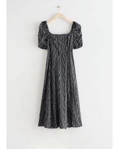 Puff Shoulder Crepe Midi Dress Black Print