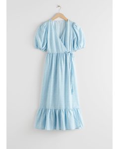 Puff Sleeve Maxi Wrap Dress Blue Print