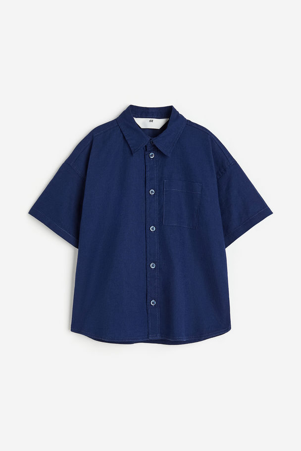 H&M Linen-blend Poplin Shirt Navy Blue