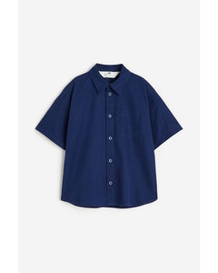 Linen-blend Poplin Shirt Navy Blue