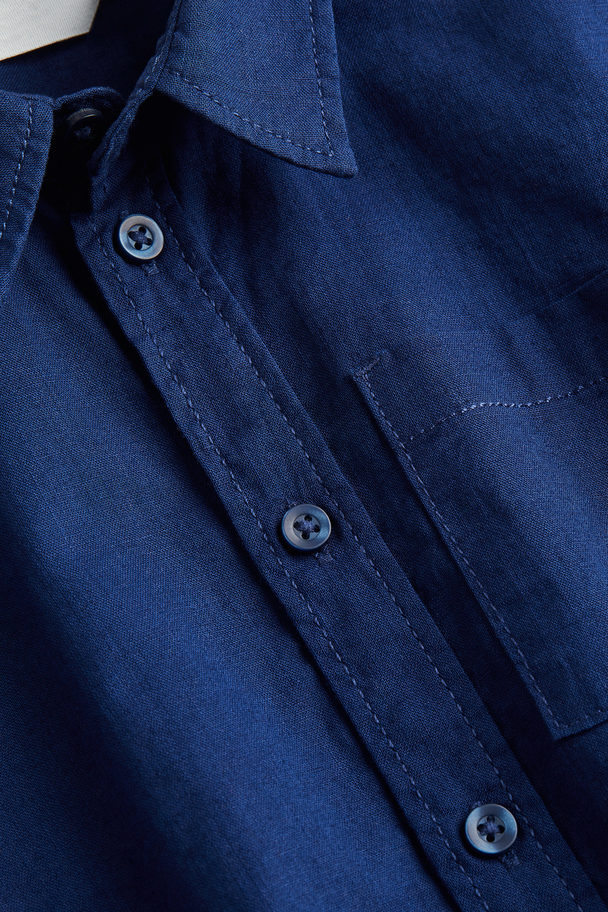 H&M Linen-blend Poplin Shirt Navy Blue