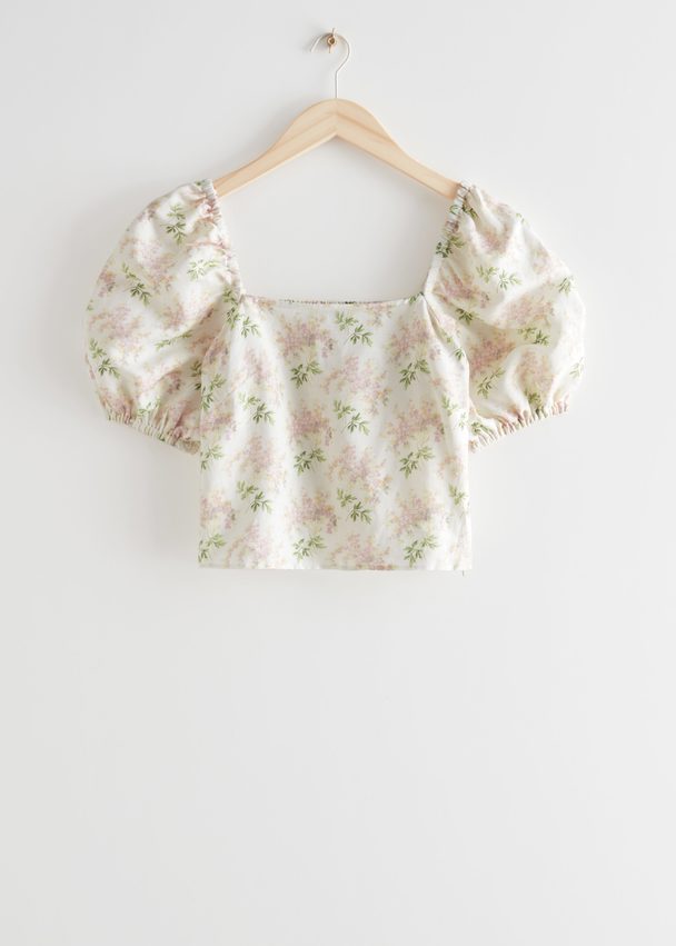 & Other Stories Linen Blend Puff Sleeve Top White Florals