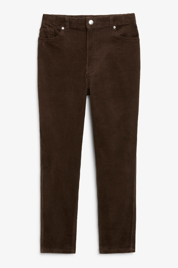 Monki High Waist Ankle Length Corduroy Trousers Dark Brown Chocolate Brown