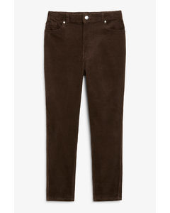 High Waist Ankle Length Corduroy Trousers Dark Brown Chocolate Brown