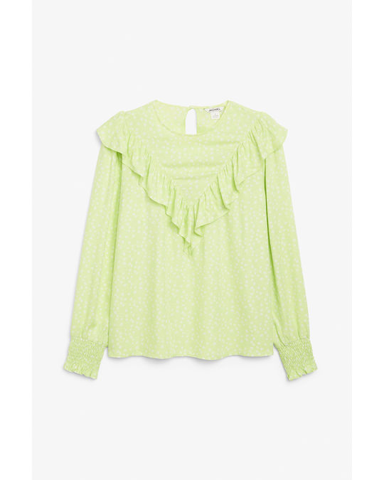 Monki Ruffle Blouse Lime With Floral Print