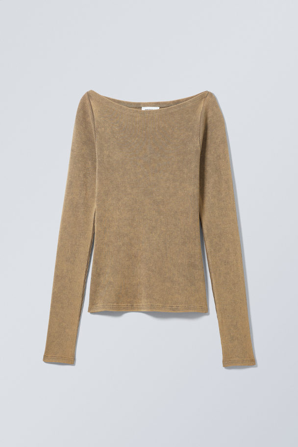 Weekday Geripptes Longsleeve mit U-Boot-Ausschnitt Dunkelbeige