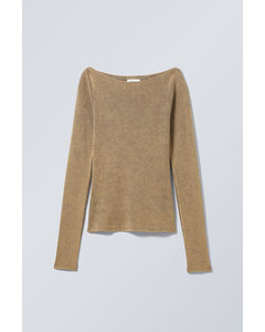 Rib Fitted Long Sleeve Boatneck Dark Beige