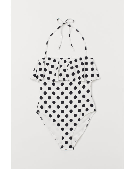 H&M Flounced Bandeau Swimsuit White/black Spotted