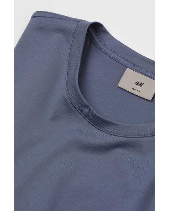 H&M Slim Fit Premium Cotton T-shirt Pigeon Blue
