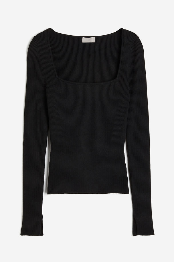 H&M Square-neck Rib-knit Top Black