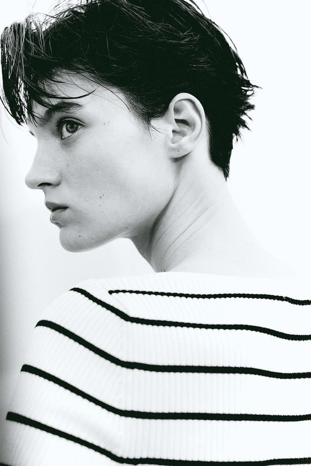 H&M Square-neck Rib-knit Top White/black Striped