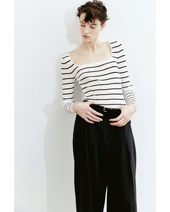 Square-neck Rib-knit Top White/black Striped