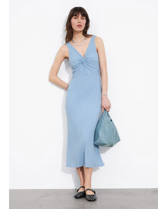 Geribbelde Midi-jurk Met Gedraaide Voorkant Lichtblauw Geribbeld